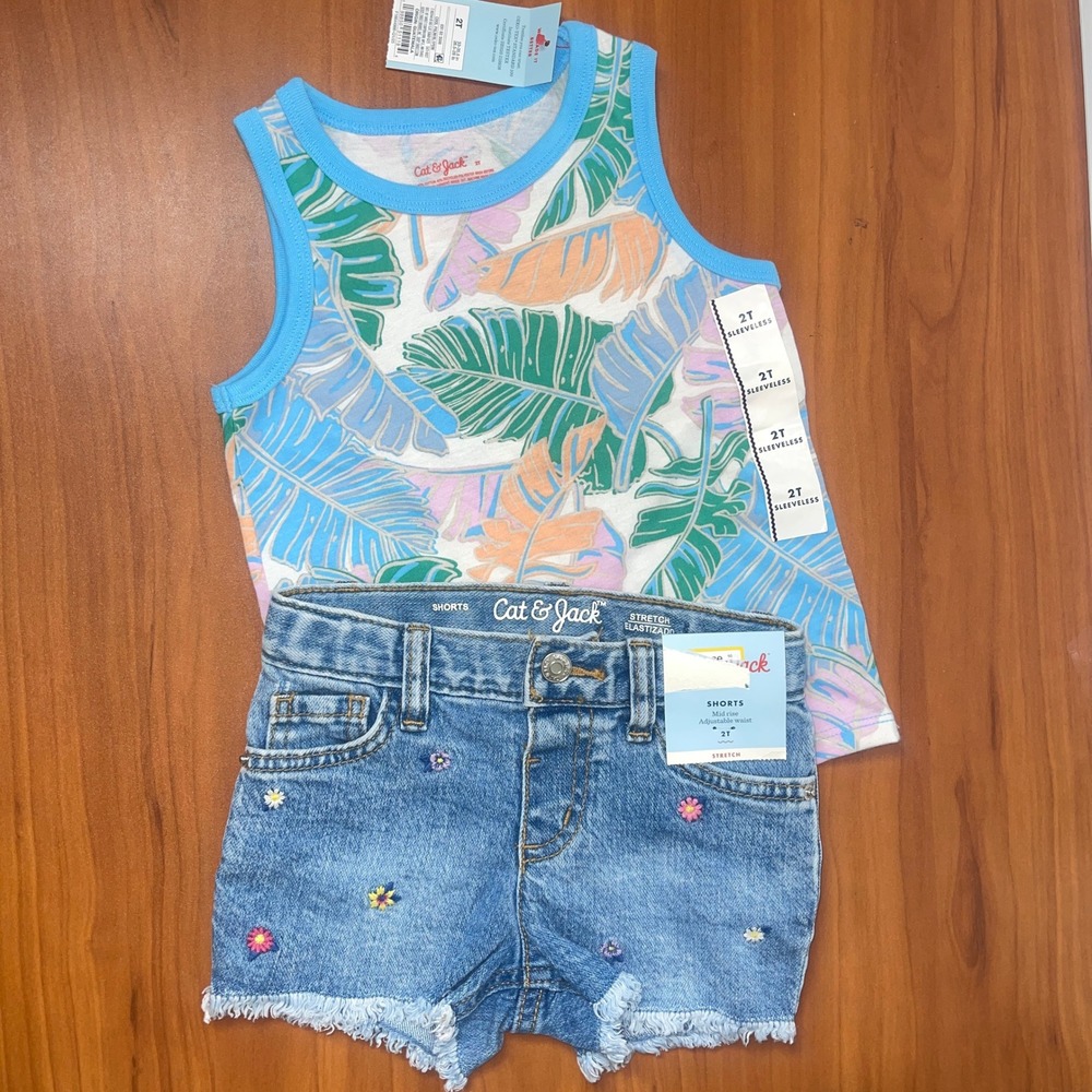 Cat & Jack Toddler Girls 2T Tropical Tank Top and Embroidered Denim Shorts Set